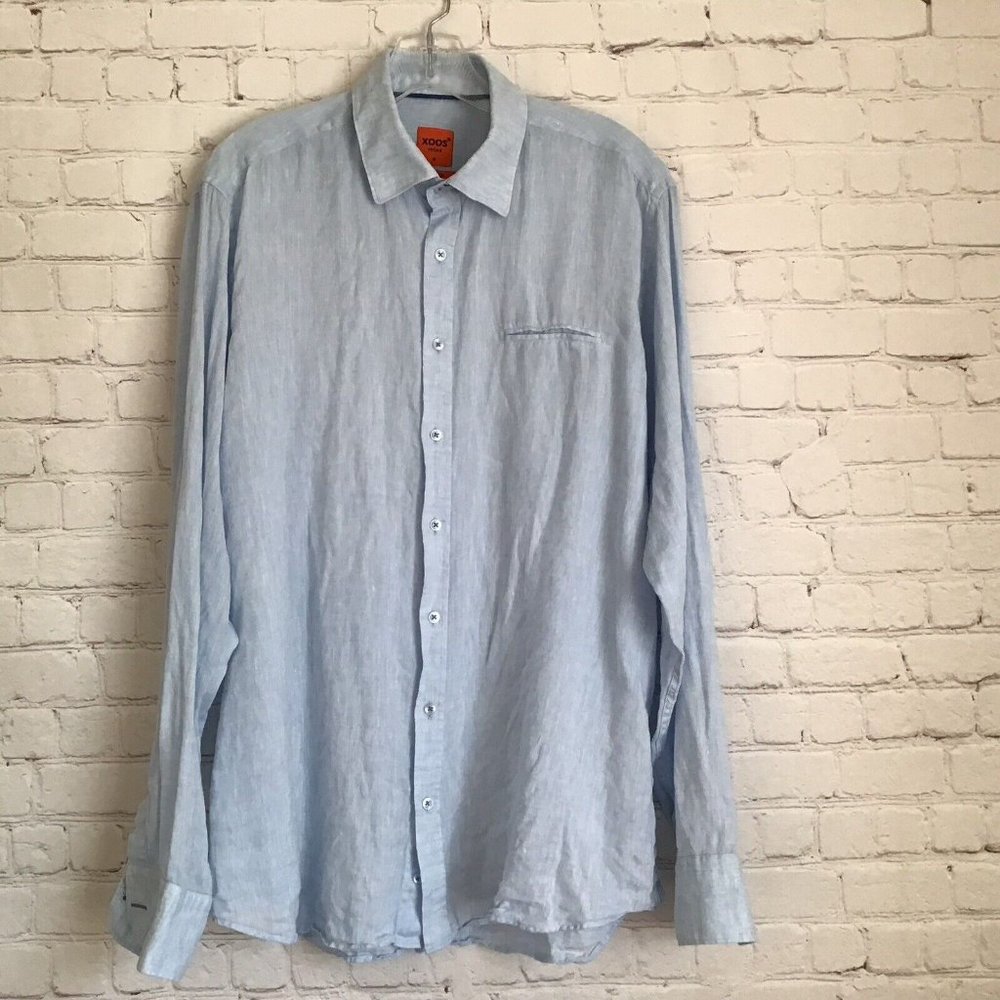 Xoos Mens Fitted Linen Shirt size Large Long Sleeve Button Front Light Blue